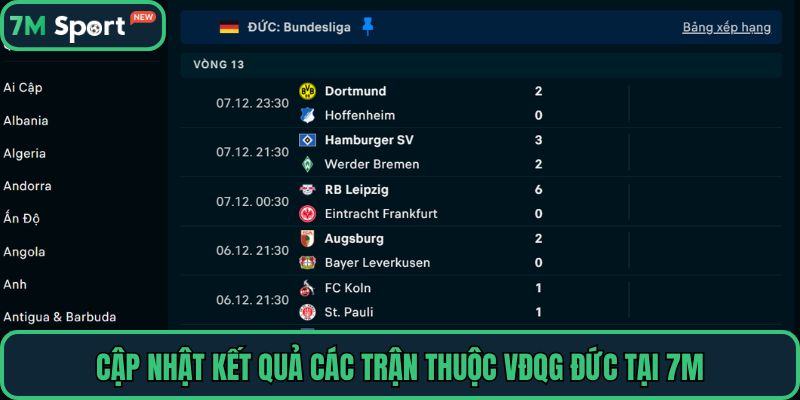 Cập nhật kết quả các trận thuộc VĐQG Đức tại 7M